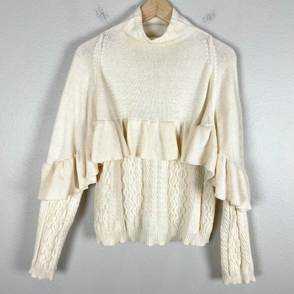 Project Naadam Womens Medium Sweater Ruffle Mock Neck Cream Cable Knit - Picture 2 of 12